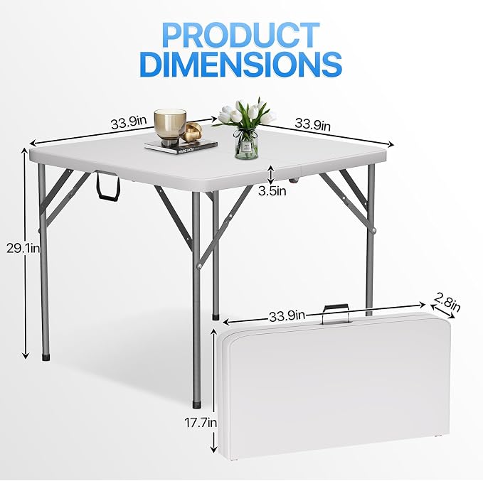 34" Folding Card Table, Heavy Duty HDPE Square Table, Fold-in-Half Portable Design with Carry Handle, Indoor Outdoor Utility Dining Table for Picnic, Camping, 330 lbs (White, 34in)