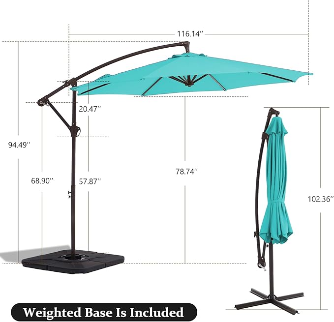 10FT Patio Umbrella, Outdoor Offset Cantilever Umbrella with Sturdy 8 Ribs and Reinforced Base, Easy Tilt Adjustment for Backyard Pool Garden,Peacock Blue