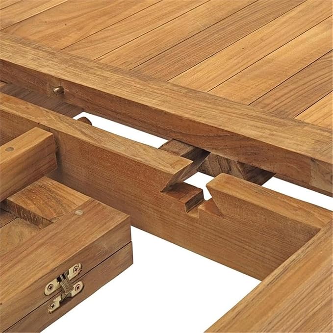 Pemberly Row Extendable Outdoor Patio Dining Table, Solid Teak Wood, Natural Finish, 70.5"-108.5" Adjustable Length, Rich Wood Grain, Tapered Legs, Durable Modern Design for Outdoor Patio Dining