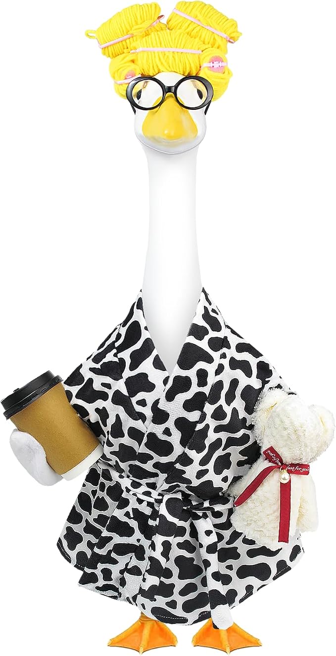 Lady Porch Goose Outfits,Bathrobe Porch Goose Statue Costume with Curlers Reading Glasses Coffee Cup Towel,Cute Goose Clothes for 23-Inch Cement Statue,Lawn Yard Garden Patio Decor（Cow Print）