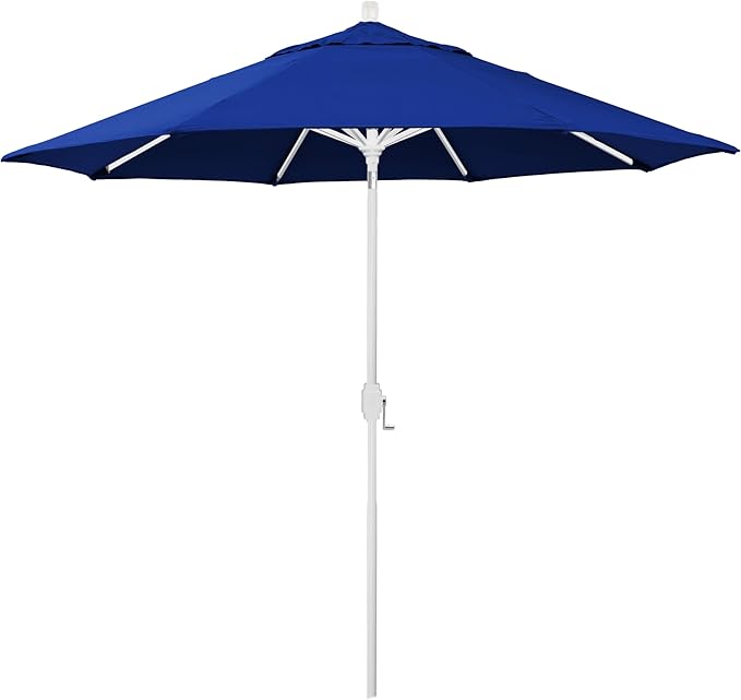 California Umbrella 12-Year-Non-Fading, 9Ft Premium Sunbrella Patio Umbrella, Hand-Crank, Button-Tilt, White Frame, True Blue Fabric