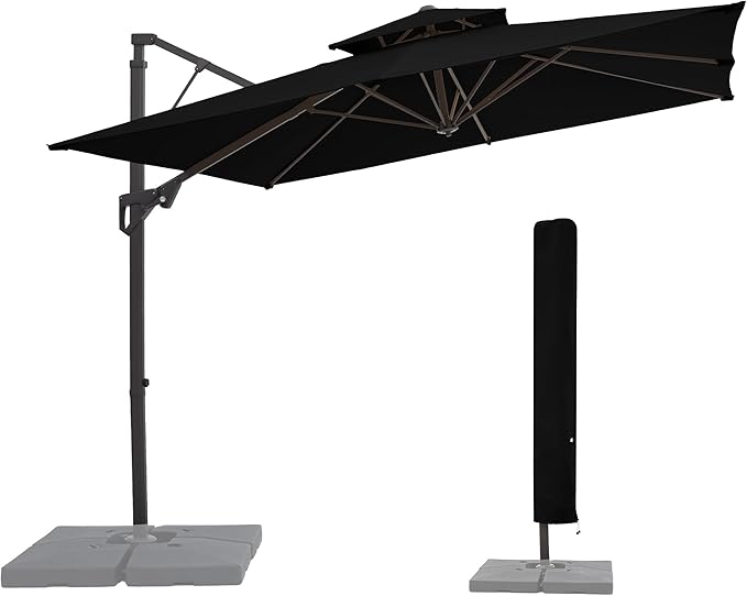 JEAREY 9ft 2-Tier Cantilever Patio Umbrella, Large Square Outdoor Offset Umbrella with Double Top Vent and 360-degree Rotation for Garden, Deck, Pool, Patio, Black