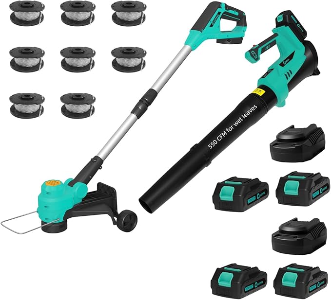 Garvee 20V String Trimmer with Wheel Cordless 12 Inch 8 Pcs Line Feed / 550 CFM Leaf Blower, Lightweight Design. 4 * 2.0 Batteries. Extra-Long Battery Life of 60-120 Minutes, 2 Fast Charger