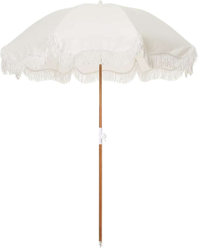 Business & Pleasure Co. Holiday Umbrella - Boho Beach Umbrella with White Fringe, UPF 50+, 1" Tilting Wood Pole, 5’ x 6.5’, Antique White
