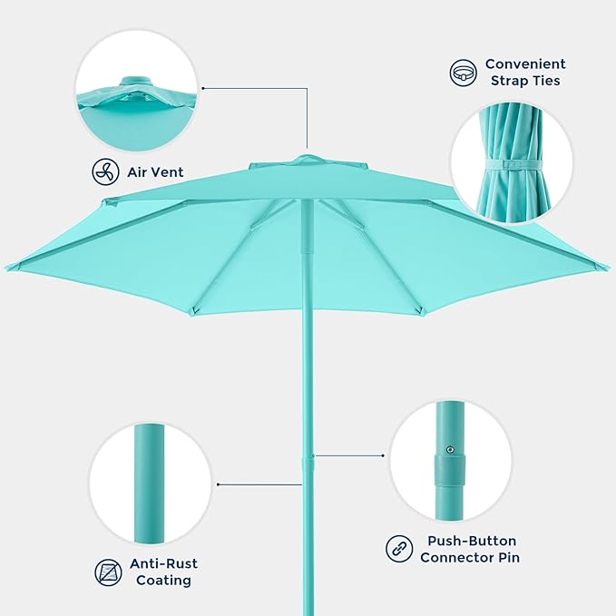 HOMSHADE 7.5ft Outdoor 1S Push-Up Patio Umbrella - Market Table Pool Deck Umbrella UPF50+ UV Protection with 6 Sturdy Ribs for Balcony, Garden, Lawn, Backyard (Light Blue)