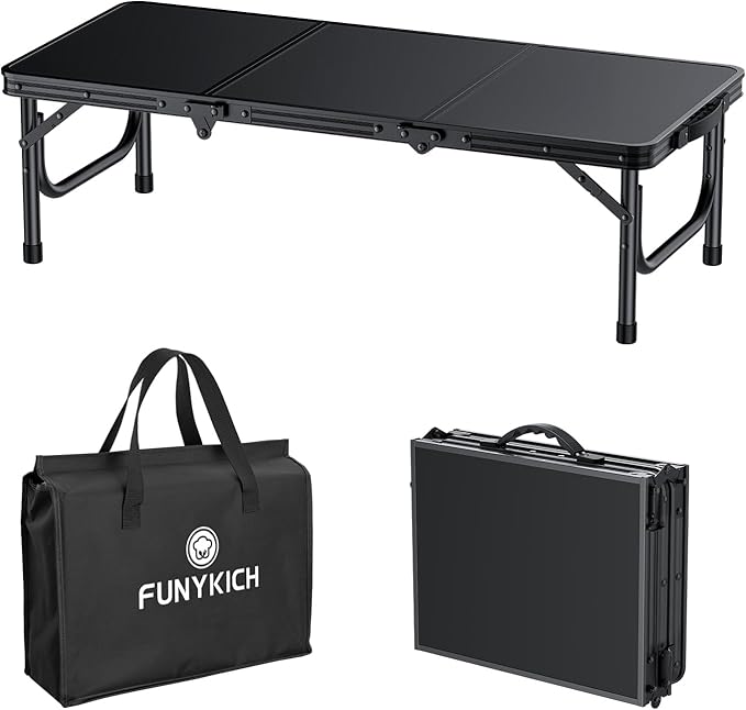 FUNYKICH 3ft Low Folding Camping Table with Carry Bag, 34.2'' Lx15.7'' W Portable Picnic Tables, Lightweight Thicker Aluminum Beach Table with Carry Handle for Beach, Camping, Picnic, Black