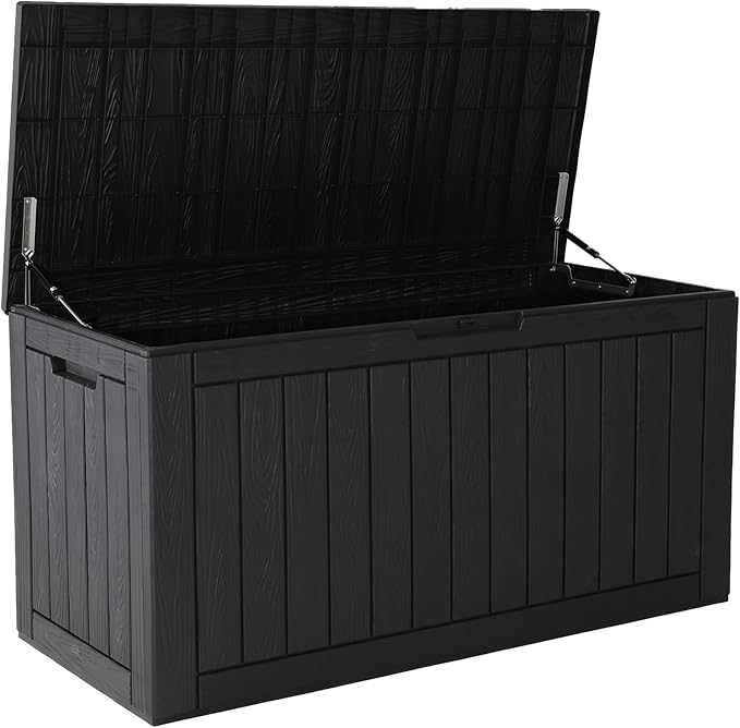 KAMABOKO 97 Gallon Waterproof Large Resin Deck Box, Lockable Large Outdoor Storage Box Indoor Outdoor Storage Container for Patio Cushions, Gardening Tools, Pool Supplies, Black