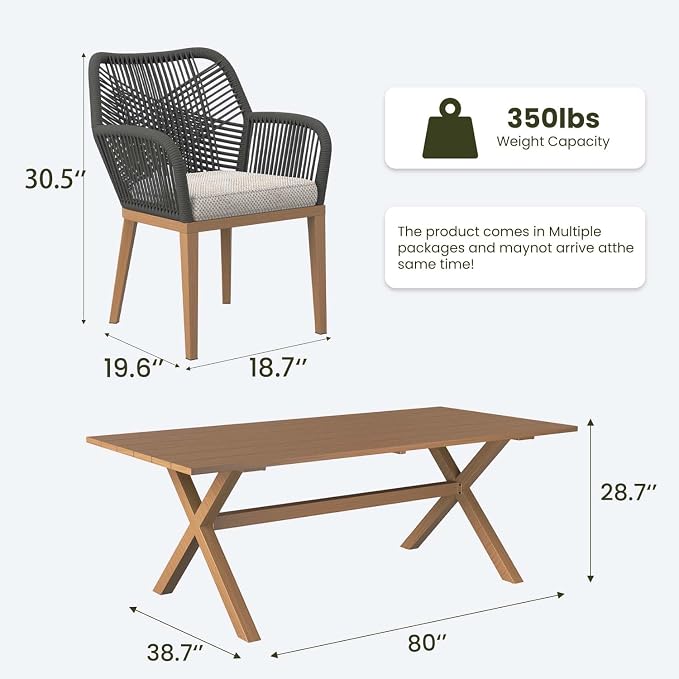 LayinSun Outdoor Dining Set for 6, 7 Pieces Patio Furniture Sets with Aluminum Dining Table and Rope Weave Chairs