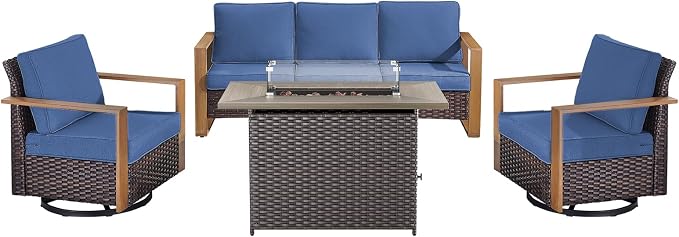 High Back Patio Furniture Set with Fire Pit Table, 4-Pieces Outdoor Furniture with Metal Arm Swivel Chairs, Wicker Conversation Set for Porch, Balcony, Deck and Yard, Blue
