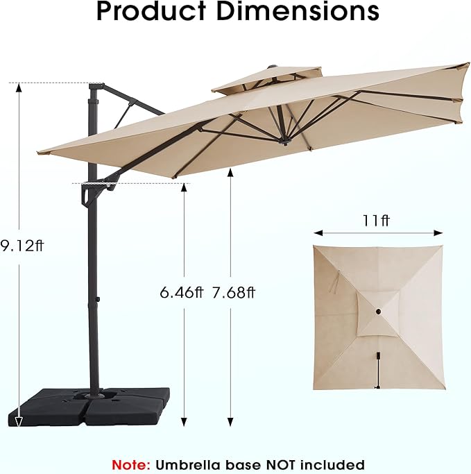 JEAREY 11ft 2-Tier Cantilever Patio Umbrella, Large Square Outdoor Offset Umbrella with Double Top Vent and 360-degree Rotation for Garden, Deck, Pool, Patio, Beige