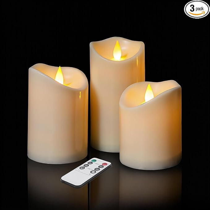 Flameless Candles 4" 5" 6" Set of 3 Outdoor Indoor Ivory Pillars Battery Operated Flickering Candles Include 8-Key Remote Timer Function, Fake Plastic Candles for Wedding, Aniversary, Christmas Decor
