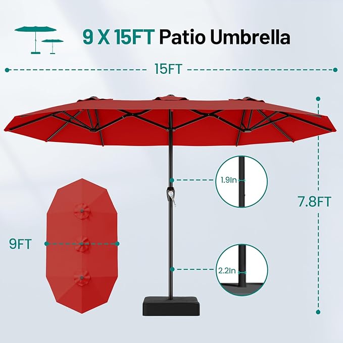 AreShark 15FT Outdoor Patio Umbrella with Crank, Large Rectangular Market Umbrella, Double-Sided Outdoor Umbrellas with Cross Base & Sandbag for Porch, Lawn, Pool, Backyard, Red