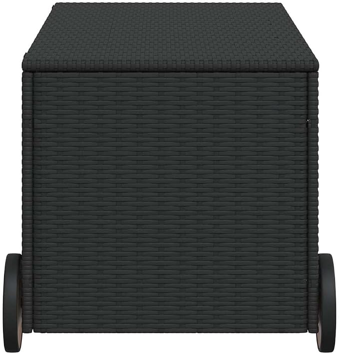Black Outdoor Storage Box with Wheels, 50.2 Gal Poly Rattan Patio Storage Box for Cushions and Blankets