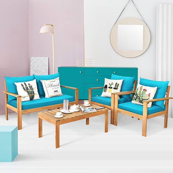 COSTWAY 4 Pieces Outdoor Acacia Wood Sofa Set, Outdoor Conversation Sofa Set with Table & Cushions Porch Chairs for Garden, Patio, Deck