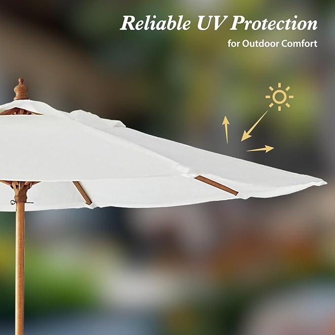 AMMSUN 8.5ft Luxury Premium Boho Patio Umbrella Wood Pole Fancy Bali-style Outdoor Umbrellas UPF 50+ Sun Protection with Pulley Lift Air Vent Tassel Fringe for Garden, Pool, Deck, Beach, Backyard, Events