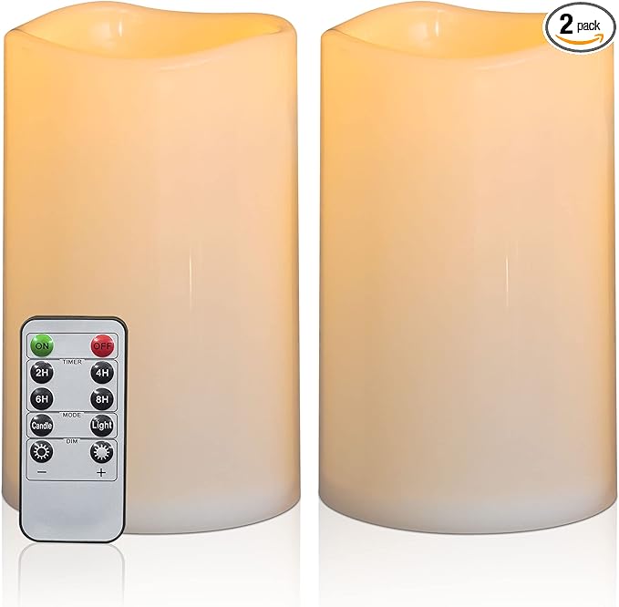 8" x 5" Waterproof Outdoor Flameless Candles Battery Operated LED Flickering Pillar Candles with Remote and Timer for Indoor Outdoor Lanterns, Long Lasting, Ivory White Large, Set of 2