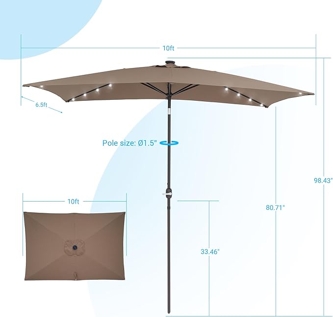 Rectangle Patio Umbrella with Solar Lights, 10 x 6.5ft Rectangular Outdoor Umbrella Table Market Patio Umbrella with Push Button Tilt and Crank for Garden, Deck, Backyard, Pool