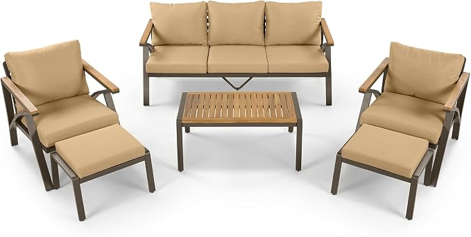 JIVOIT Outdoor Patio Furniture Set, 6-Piece Steel Frame Sofa Set with Acacia Wood Coffee Table, 3-Seat Couch, 2 Armchairs, 2 Ottomans, Cushioned Seating for Backyard, Garden, Poolside (Brown/51)