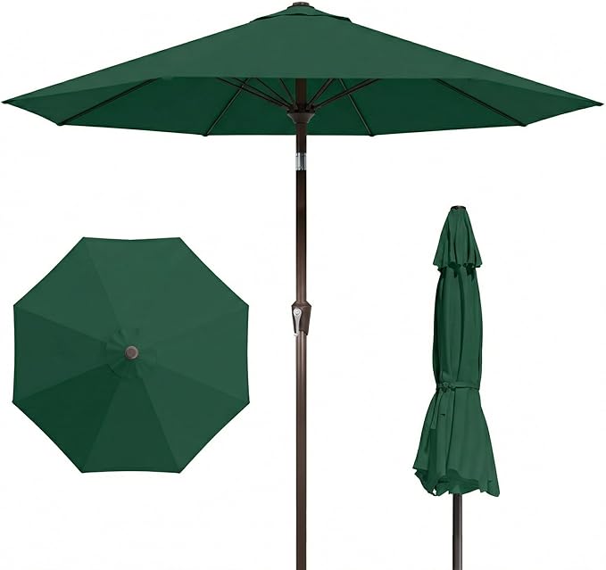 9FT Patio Umbrella Outdoor Table Umbrella w/Push Button Tilt and Crank, 8 Sturdy Ribs, UV Resistant Waterproof Market Umbrella for Pool, Deck, Backyard, Garden, Forest Green