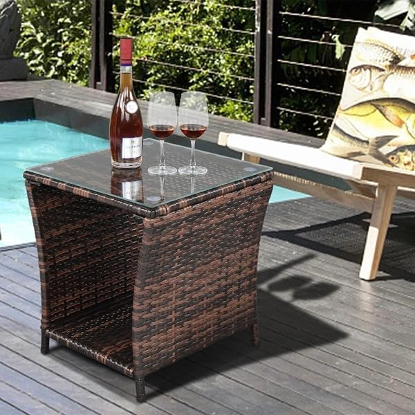 Generic Outdoor Patio Wicker Side Table, End Table with Glass Top Rattan Storage for Patio Courtyard Balcony - Brown, 18.1 x 18.1 x 19.5 inches