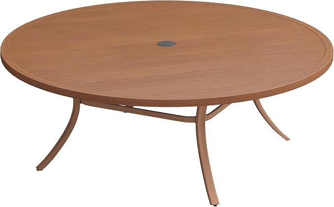 Patio Dining Table for 8-10, Round Metal Outdoor Table with 1.57" Umbrella Hole, 63" Outdoor Slat Tabletop Dining Table for Backyard, Porch, Lawn, Walnut