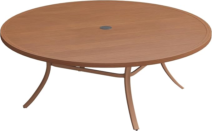 DIFY 63" Round Outdoor Patio Dining Table for 8-10, Metal Patio Table with 1.57" Adjustable Umbrella Hole, All-Weather Outdoor Furniture Table for Garden Backyard Deck, Walnut