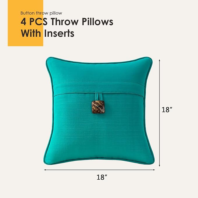 Outdoor Decorative Pillows with Coconut Button Pack of 4, 18" x 18" Outdoor Pillow Set for Couch Bed Throw Patio Sofa, Peacock Blue
