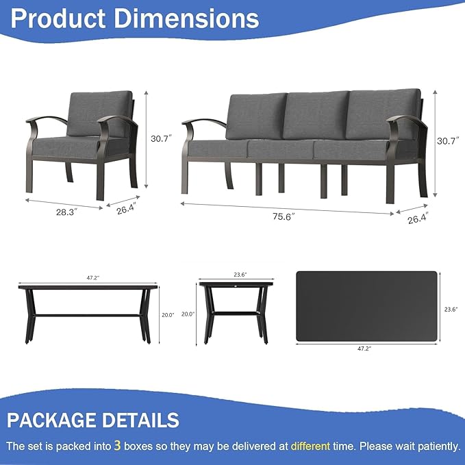 Kullavik Aluminum Patio Furniture Set with Rectangular Coffee Table,5-seat Metal Outdoor Sectional Furniture w/5.1" Cushions,Patio Conversation Sets for Garden,Backyard,Porch-Grey