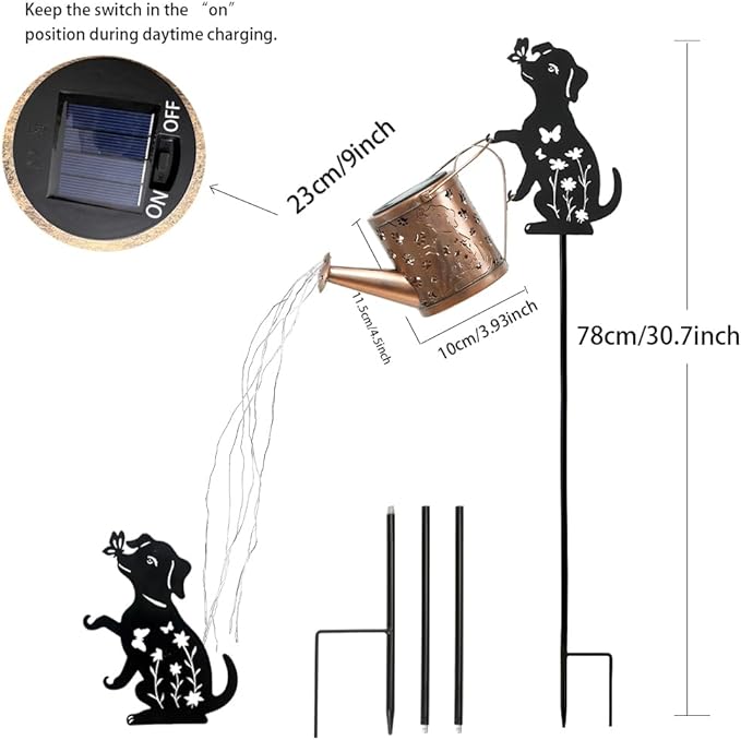 Solar Watering Can with Light, Outdoor Garden Decoration, Featuring A Metal Dog Statue Garden Stake; Makes A Great Gift for Women, for Outdoor Landscaping, Lawns, and Pathway