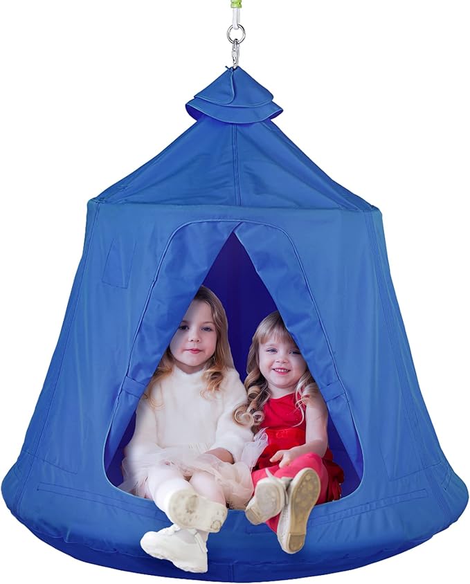 TLSUNNY Hanging Tree Tent for Kids Adults, Hanging Tent Indoor Outdoor 45 H x 44 Diam, Portable Waterproof Play Tent w/LED Lights String, Tree House Swing Pod, Hangout Huggle pod Ceiling Hammock 330LB