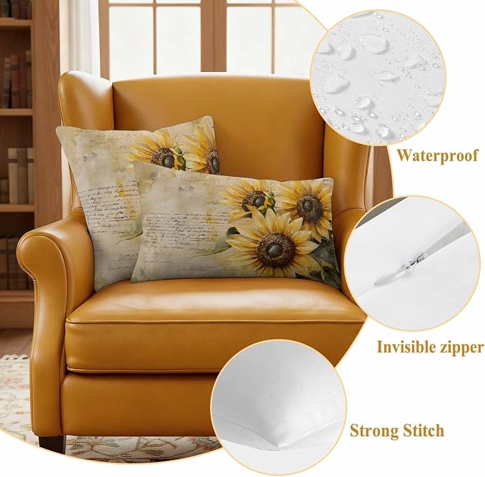 Retro Sunflower Outdoor Waterproof Throw Pillow Covers Set of 2, 24"x24", Pastoral Floral Painting Newspaper Background Decorative Pillow Covers Outside Cushion Case for Patio Porch Garden