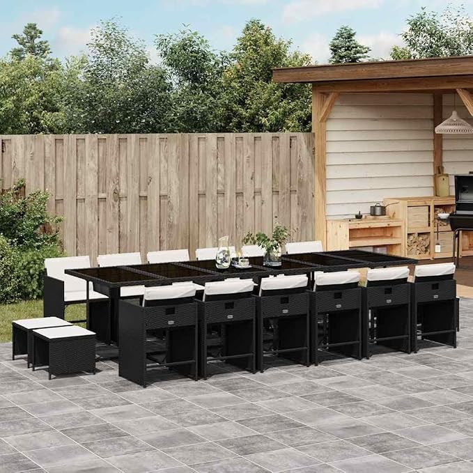 17 Piece Garden Dining Set, Patio Furniture with 12 Chairs and 4 Stools, Outdoor PE Rattan Table Seating for 16, Weather-Resistant Furniture Set for Backyard