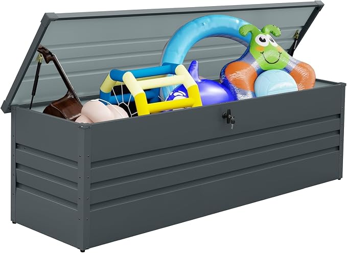 260 Gallon Metal Outdoor Deck Box Waterproof, Extra Large Patio Storage Box with Lockable Storage Containers for Patio Furniture Cushions, Pool Accessories, Garden Tools Dark Gray