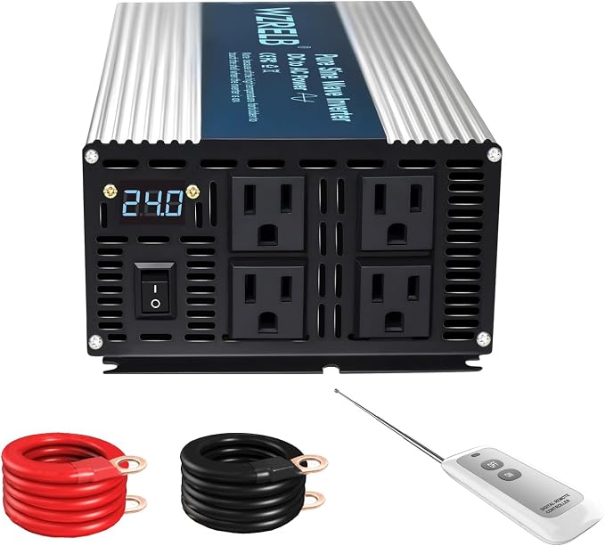WZRELB 1800W Pure Sine Wave Inverter 24V DC to 110V 120V AC Power Converter with LED Display, Remote Controller, Off-Grid Power Inverter 3600W Surge with 4 AC Outlets,for Home, RV, Truck, Camping