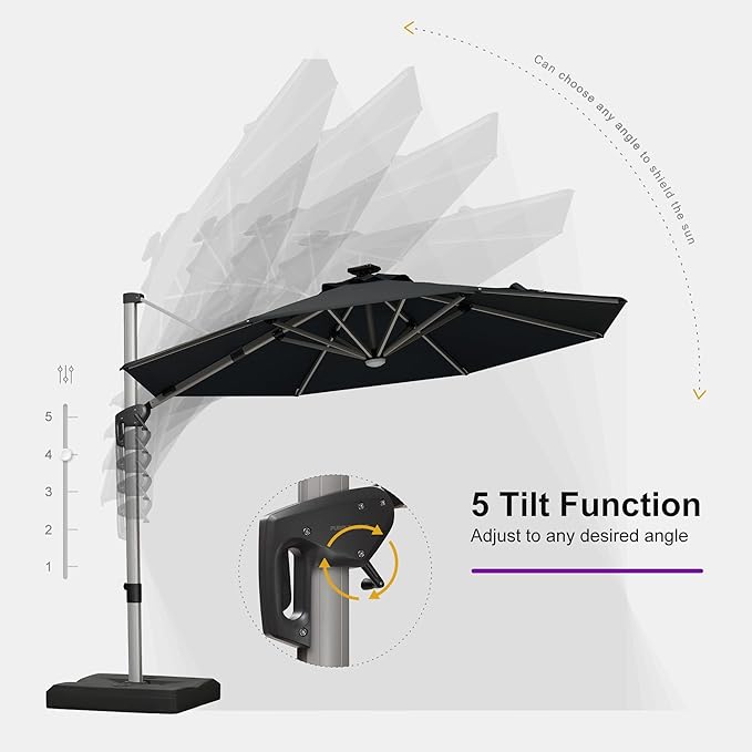 PURPLE LEAF 10ft Patio Umbrella with Lights Outdoor Round Cantilever Solar Powered LED Umbrella with 360-degree Rotation for Garden Deck Pool Patio, Black