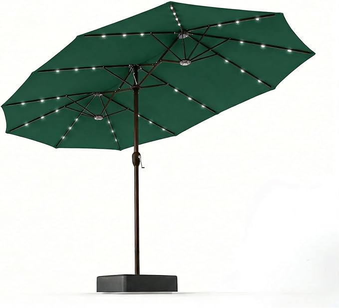 15FT Patio Umbrella with Solar Lights, Double-Sided Extra Large Outdoor Table Umbrella with Base Included, Heavy-Duty 12 Iron Ribs Market Umbrella for Garden, Pool, Backyard, Forest Green