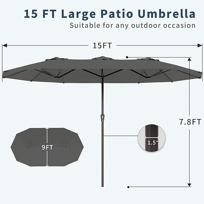 PatioKingdom 15FT Large Patio Umbrella with Base, Double Sided Rectangular Outdoor Umbrella with Sturdy Fiberglass Ribs, Market Umbrella for Pool,Garden,Backyard,Deck (Gray, 15FT)