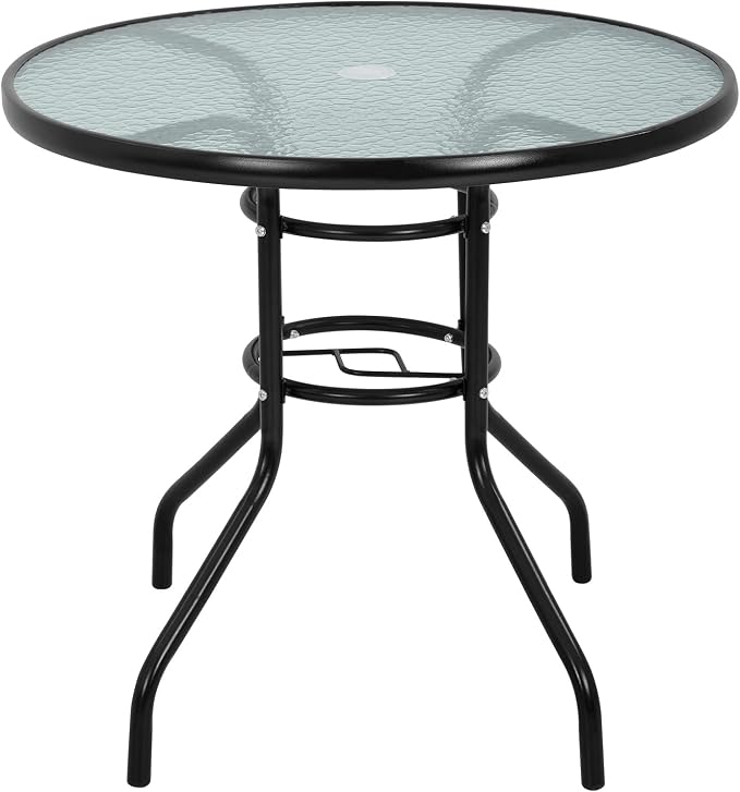 Premium Square Patio Table with 2 In Umbrella Hole,32 In Tempered Glass Top,Outdoor Coffee Table for Patio,Balcony, Backyard,Poolside,and Sunroom - Small Patio Table with Umbrella Hole (Round)