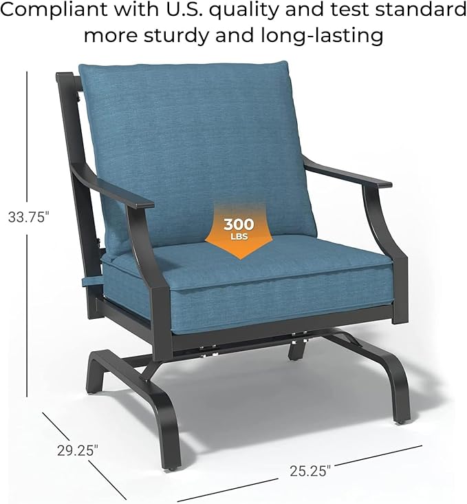 Grand patio 5-Piece Outdoor Furniture Set with 32'' Square Ceramic Tile Tabletop 50,000 BTU CSA Approved Fire Pit,4 Rocking Patio Chairs with Olefin Cushions and Pillows-Peacock Blue