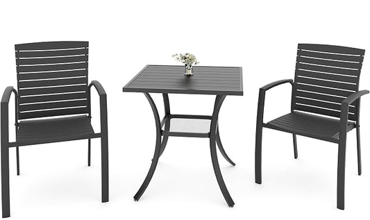 Anmutig 3 Piece Outdoor Dining Set, 27.5" Square Table & 2 Aluminum Chairs | Aluminum Frame, Stackable Chairs, Resin Slat Seating, Square Metal Table, Storage Shelf, Easy Assembly, Balcony, Garden