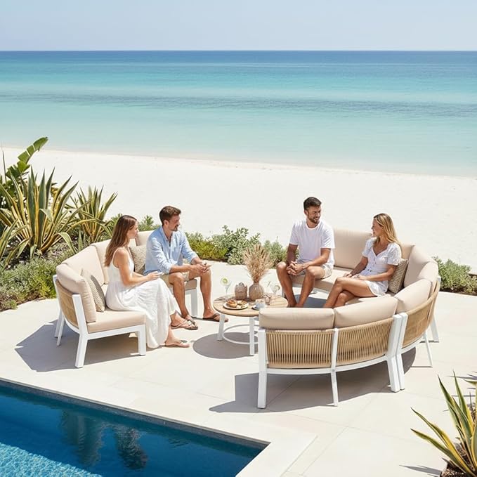 Half Moon Outdoor Patio Furniture Set, Aluminum Curved Patio Conversation Sets, Luxury Outdoor Sectional with PE Rope, All-Weather 7 Pcs Outdoor Couch with Coffee Table & Cushions, White