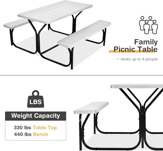 DORTALA Plastic Picnic Table for Outdoors, All Weather Faux Wood Patio Picnic Table Set with Benches for Outdoor, Cafeteria and Commercial, White
