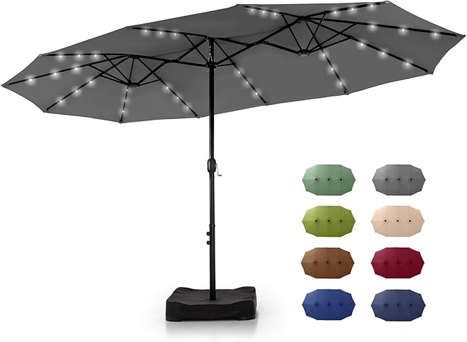 GREEN PARTY 15 ft Large Outdoor Patio Umbrella with Solar Led Lights & Base Included, Double-Sided Rectangular Table Umbrella with Stand, Market Umbrellas for Deck Poolside Garden Backyard, Smoky Gray