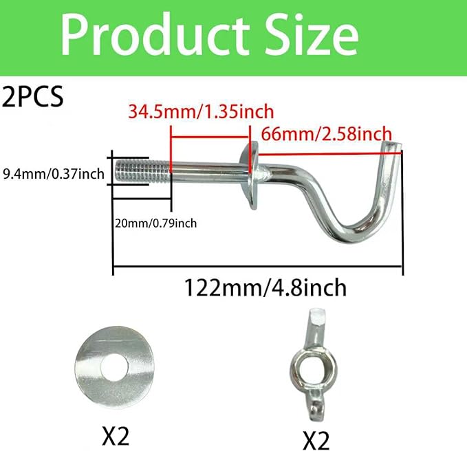 2PCS Heavy Duty Metal Hammock Hooks, Silver Zinc Plating Replacement Hardware for 3/8 Inch Holes, Fits 1-1/4 to 2 Inch Stand Posts, Indoor Outdoor Accessories