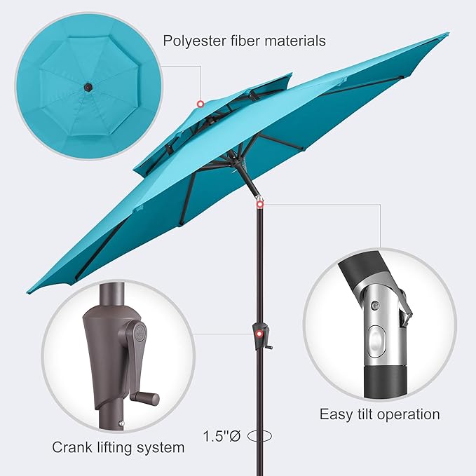 9FT Outdoor Patio Umbrella - 2 Tiers Table Umbrella Waterproof UV Protection, Sombrillas de Patio with Push Button Tilt, Sun Umbrella for Pool, Porch, Garden, Yard (Aqua Blue)