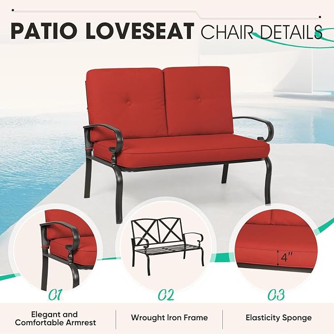 8 Pcs (6 Seats) Metal Outdoor Patio Furniture Conversation Sets, 4 Spring Chair, Loveseat and 3 Coffee Table, with Cushions (Red)