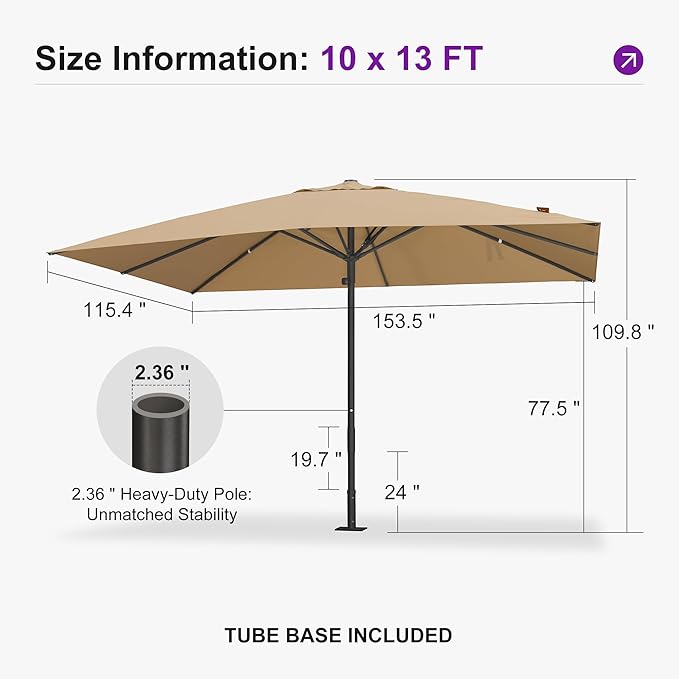 PURPLE LEAF 10' x 13' Rectangular Semi-Auto Outdoor Patio Umbrella Aluminium Market Umbrella Table Sun Umbrella with 2.36" Rod and 8 Sturdy Ribs for Deck Lawn Pool Garden, Beige