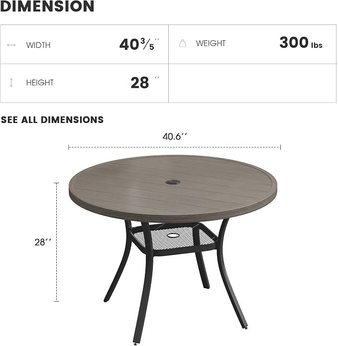 Patio Dining Table for 4, Round Metal Outdoor Table with Storage Shelf, 1.57" Umbrella Hole, 41" Outdoor Slat Tabletop Dining Table for Backyard, Porch, Lawn, Grey
