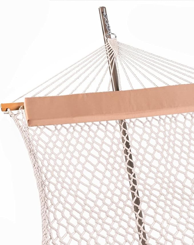 Lazy Daze Hammocks Double Rope Hammock with Stand Include, 12 Feet Traditional Cotton Rope with Pillow for Outside, Backyard, Patio, Garden, Tan Pillow