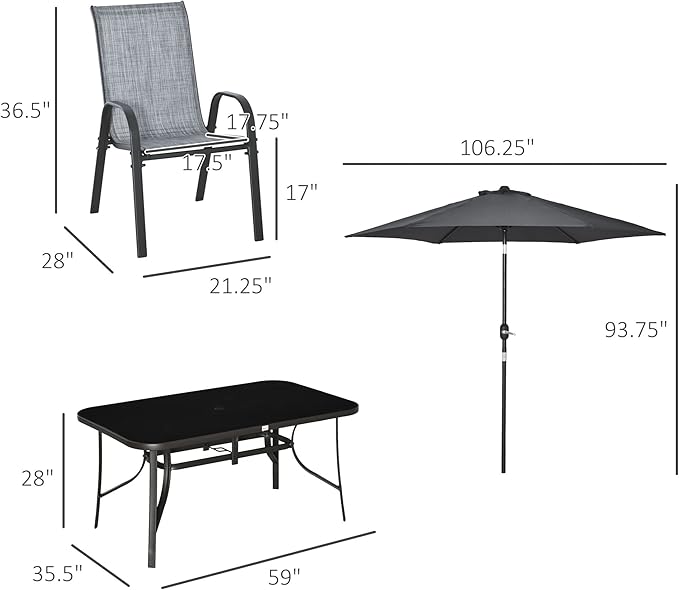 Outsunny 8 Pieces Patio Furniture Set with 9Ft Patio Umbrella, Outdoor Dining Table and Chairs, 6 Chairs, Push Button Tilt and Crank Parasol, Tempered Glass Top, Gray